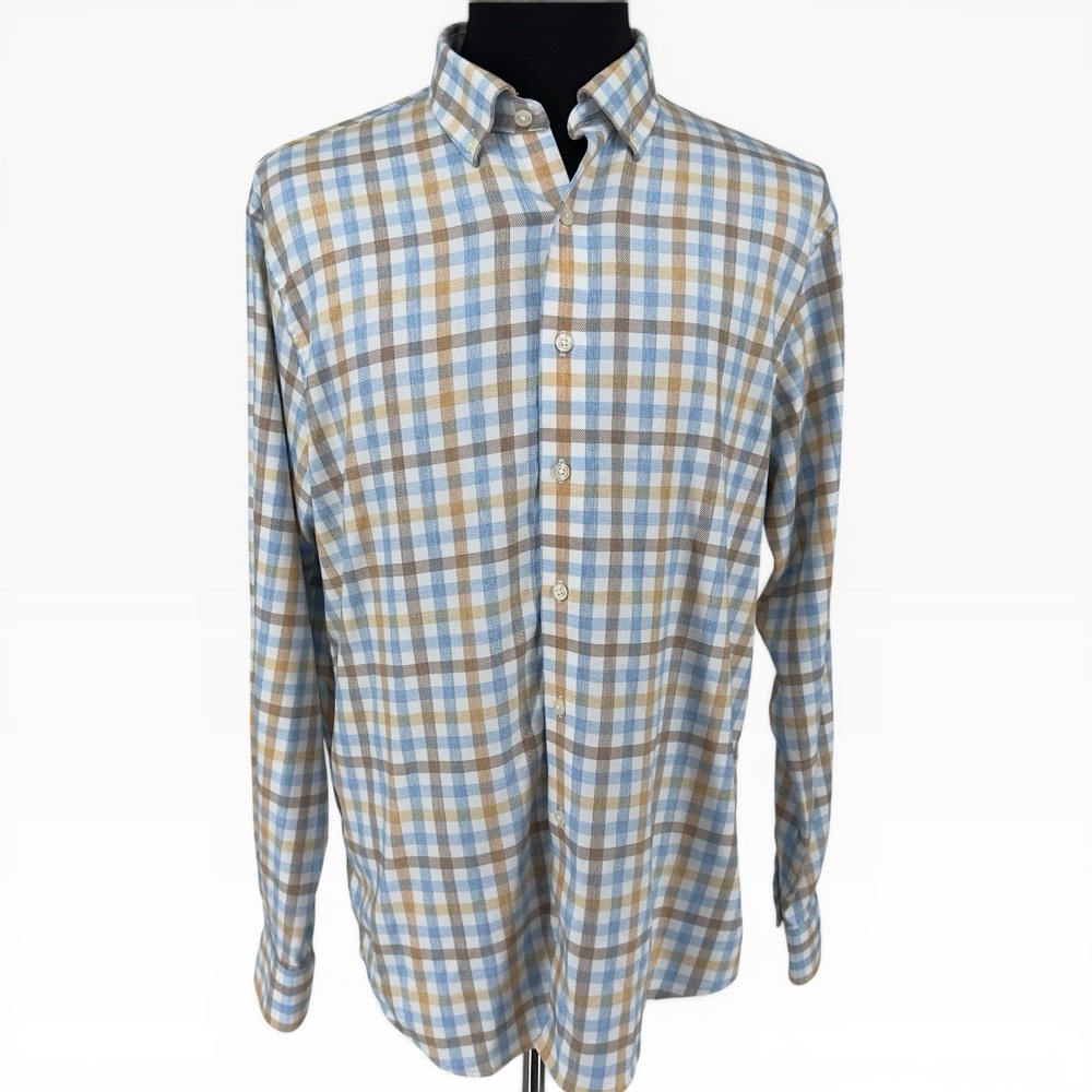 Johnnie-O Performance Shirt L Callum Plaid Long Sleeve Button Down Malibu Blue